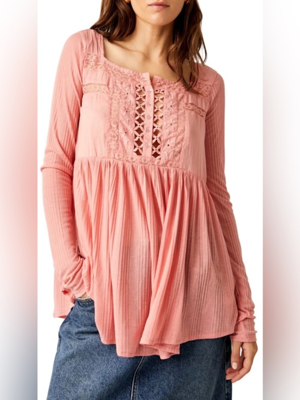 FREE PEOPLE Pretty Please Tunic Sz: S Lace-Trim Pink Long-Sleeve Peasant Top